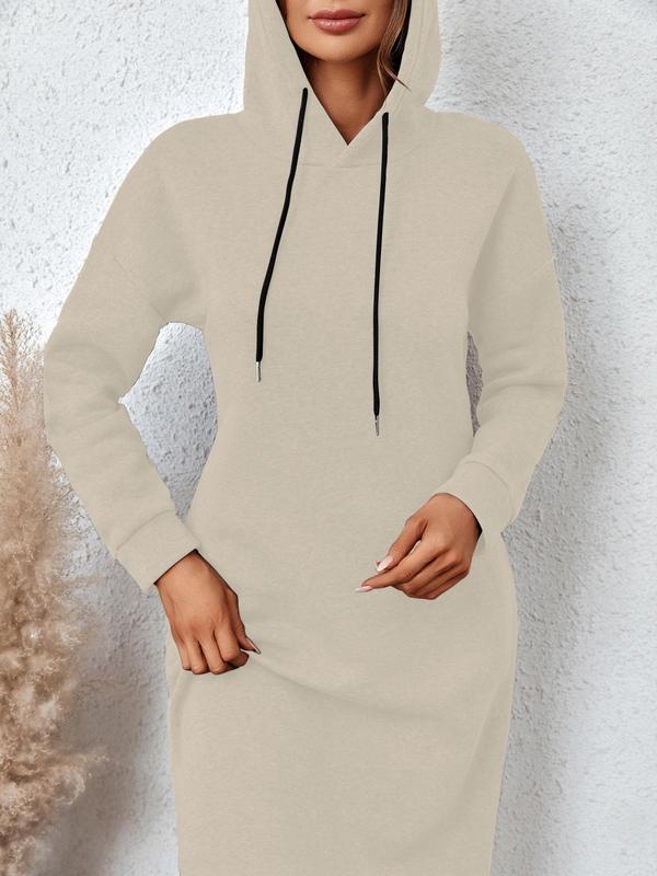 Women's Simple Plain Drawstring Drop Shoulder Hooded Long Dress, Casual Pocket Long Sleeve Dress for Fall & Winter 3