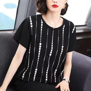 Free Shipping Fashion Versatile Oversized Round neck Stripe Short sleeve Female Middle age Mother T shirt Plus Size 2022 New Style temperament Tees Women blouse