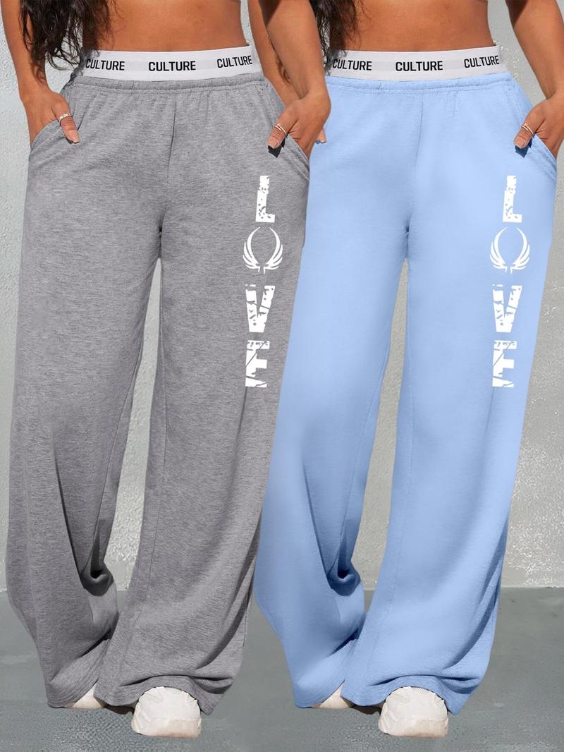 Product Introduction of Women's Letter Print Pocket Elastic Waist Sweatpants, Casual Wide Leg Pants for Outdoor Sports, Ladies Bottoms for All Seasons 1