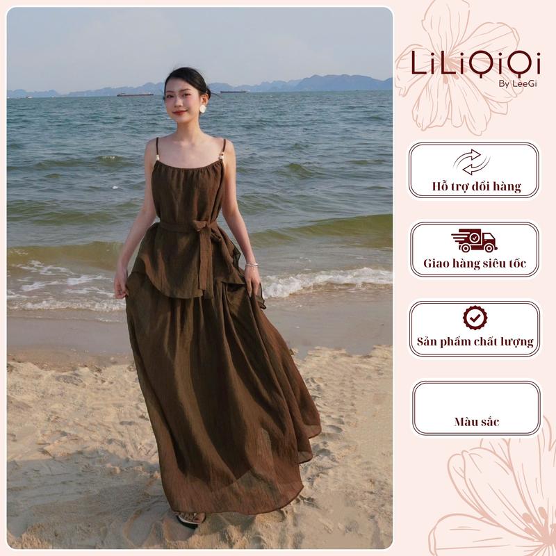 Set váy hai dây tơ nhắn dáng suông mix cùng chân váy xoè  dành cho nữ LiLiQiQi By Leegi - AV8590