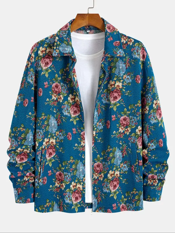 Men's Floral Print Button Zipper Jacket, Loose Casual Long Sleeve Collared Outerwear for Fall & Winter, Men's Clothes for Daily Wear 0