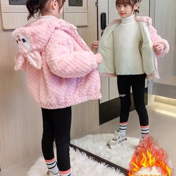 áo khoác lông dài tay tai thỏ kèm túi cho bé gái size 8-16kg Kem Jacket 3