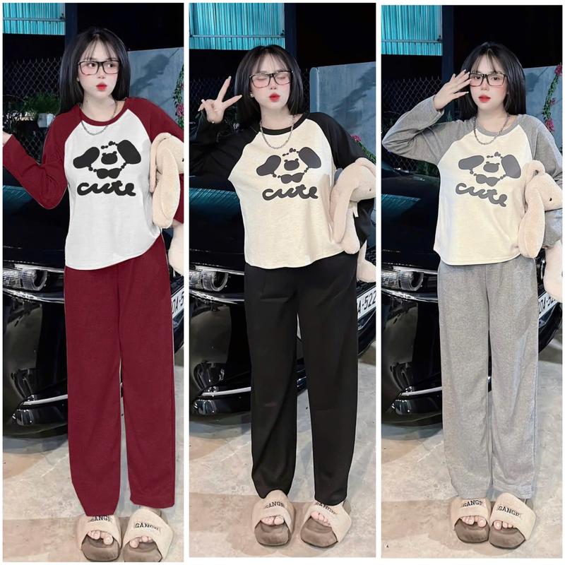 SET BỘ THUN TĂM DÀI TAY ÁO THÊU XÙ CHỮ CUTE PHỐI QUẦN ỐNG SUÔNG