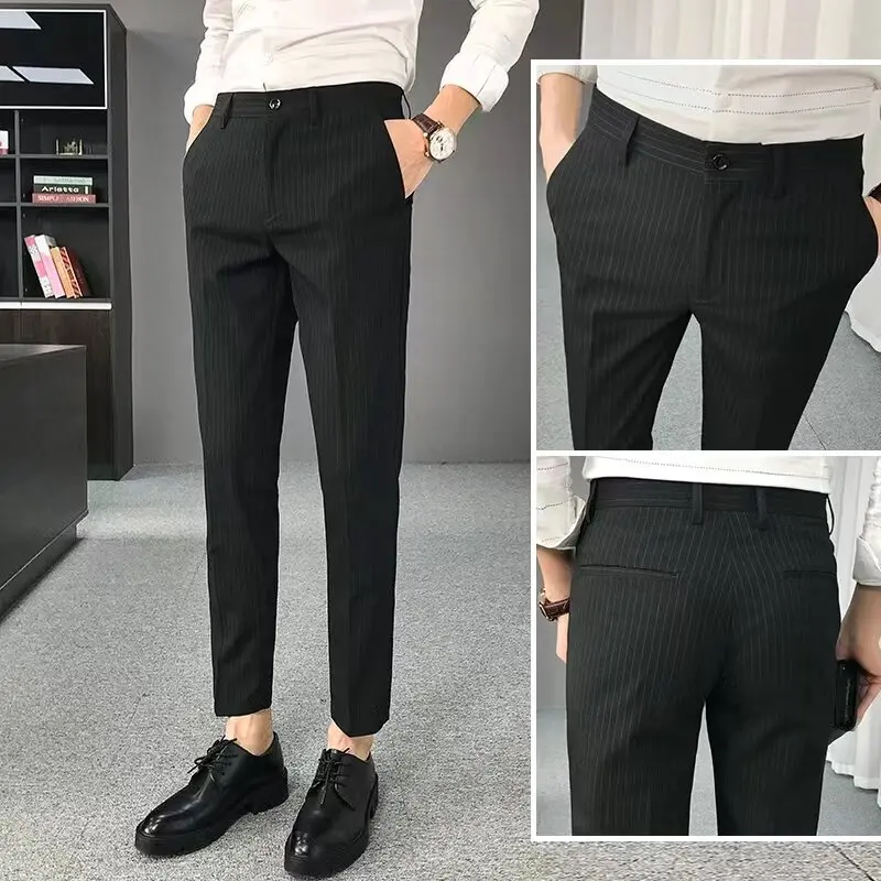 Quần Âu Nam, Phong Cách Hàn Quốc, Thiết Kế Sọc, Thường Ngày, Chất Lượng Cao, Thời Trang, Cổ Điển Menswear Pants Có Túi Màu Đen 2