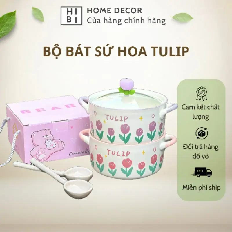 Bát Úp Mì Hoa Tulip Bằng Sứ Cao Cấp Kèm Muỗng Và Nắp Thuỷ Tinh  - Hibi