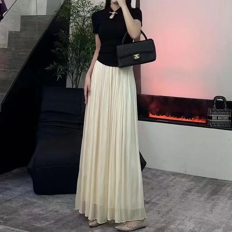Quần ống rộng vải lụa kim tuyến lấp lánh, tôn dáng, cạp cao, che khuyết điểm, dáng váy, rộng rãi, rủ mềm, thời trang, phù hợp phối đồ đầu xuân.