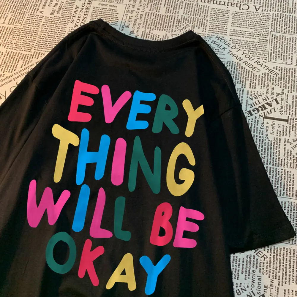 Everything will be okay, letter clothing, men's T-shirt, simple summer top, cotton loose T-shirt, fashionable round neck T-shirt