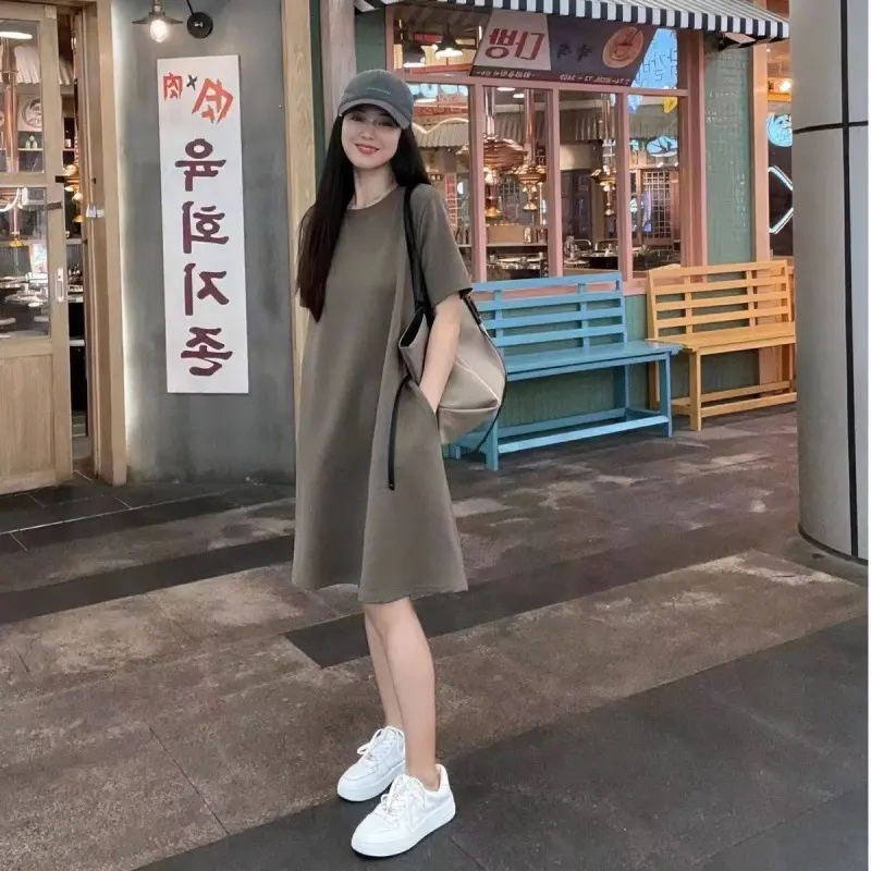 Summer New Mid-Length Plus Size Skirt Tummy Covering Fat MM Casual Short Sleeve T-Shirt Women Age-Reducing Straight Dress