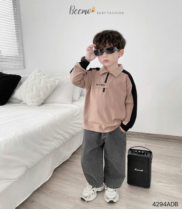 Áo dài tay polo Beemo phối khoá cổ vải cotton dày dặn cho bé trai từ 9-25kg 4294ADB