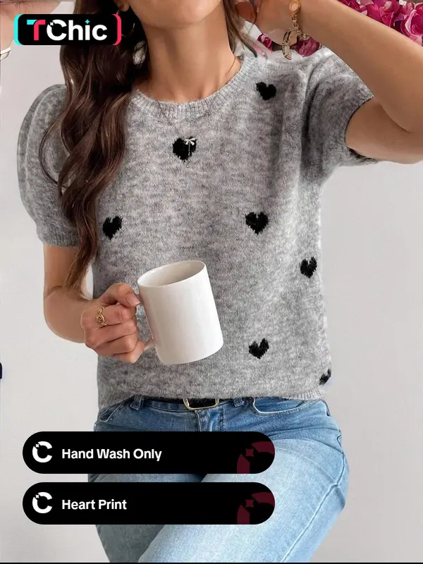 Women's Heart Print Crew Neck Sweater, Casual Short Sleeve Jumper for Daily Wear, Ladies Knitwear for Summer 1