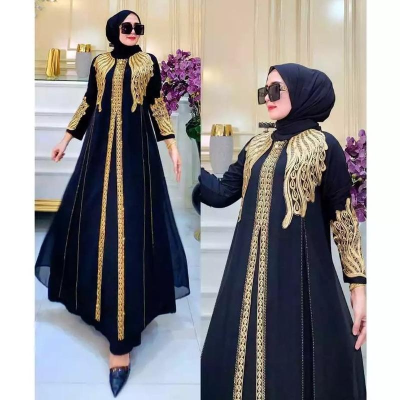 (COD)Gamis Abaya Arab SHANIA Motif Bordir Jersey Mix Ceruty Mote Swarosky Terbaru Muslim Hitam Turki Mewah 3