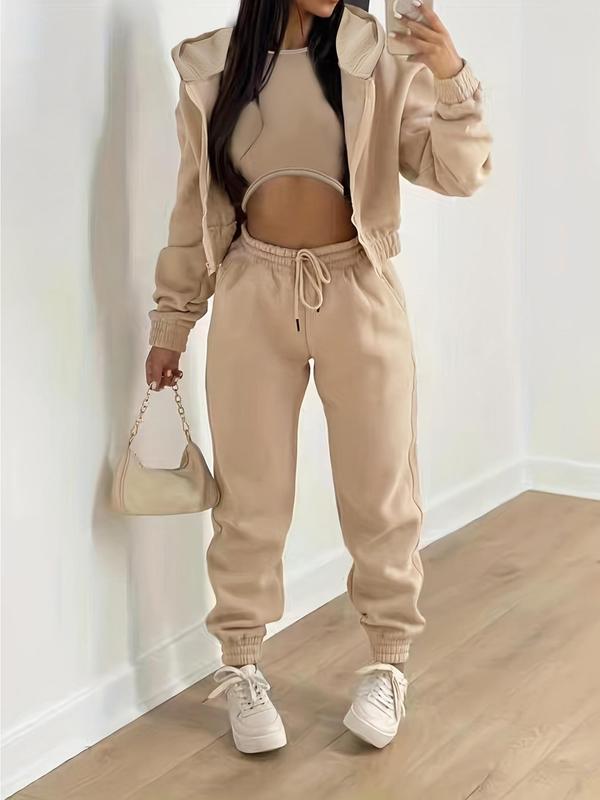 Women's Solid Pants Set, Casual Round Neck Crop Top & Drawstring Waist Pants & Zipper Hoodie, 2 Piece Sets Women, Co Ords for Women, Spring & Fall Outfits, Co-ords Set, Please Purchase A Size Up, Pink Two Piece Set Rave 6