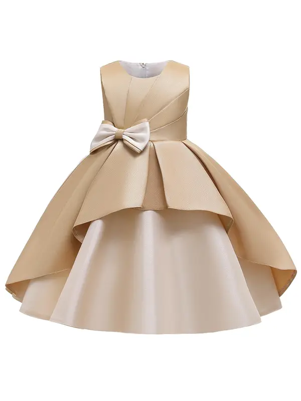 Girl's Solid Bow Front Plicated A Line Dress, Elegant Bow Back Sleeveless Round Neck Tulle Dress For Wedding Party, Kids Partywear For All Seasons 1