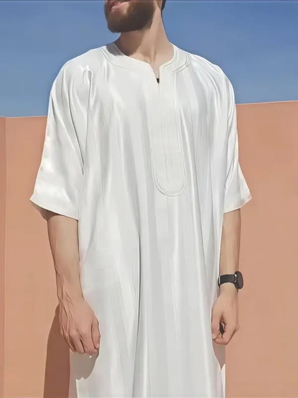 Men's Striped Embroidery Long Sleeve Robes, Loose Casual Comfy Three Quarter Length Sleeve Robe for Daily Wear, Muslim Clothing for Spring & Fall 4