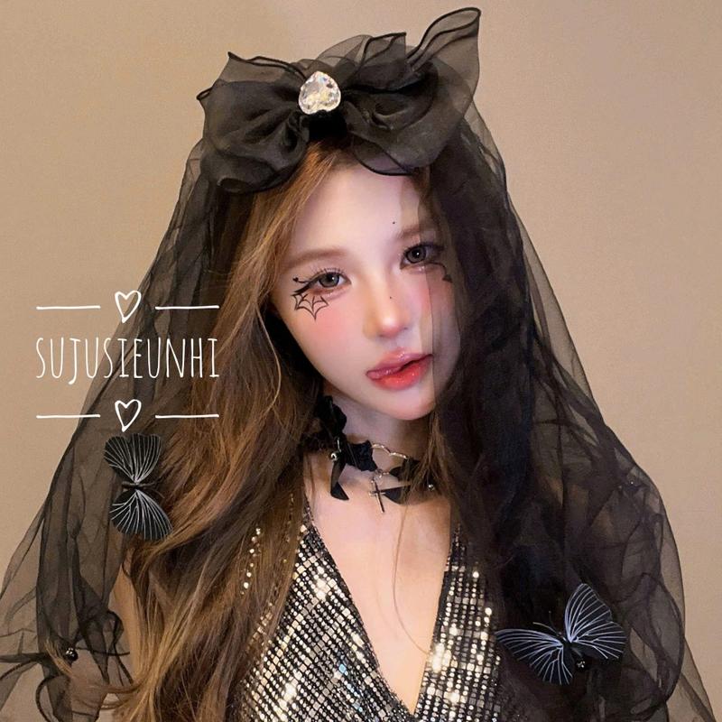 Khăn voan lúp cài đầu hình nơ trái tim gắn bướm đen hoá trang cô dâu phụ kiện tóc halloween huyền bí Hoa 6