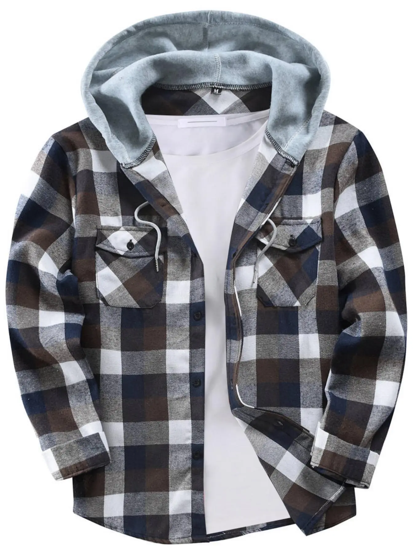 Men's Plaid Print Button Front Hooded Jacket, Regular Fit Casual Long Sleeve Outerwear for Spring & Fall, Men's Clothes for Daily Wear
