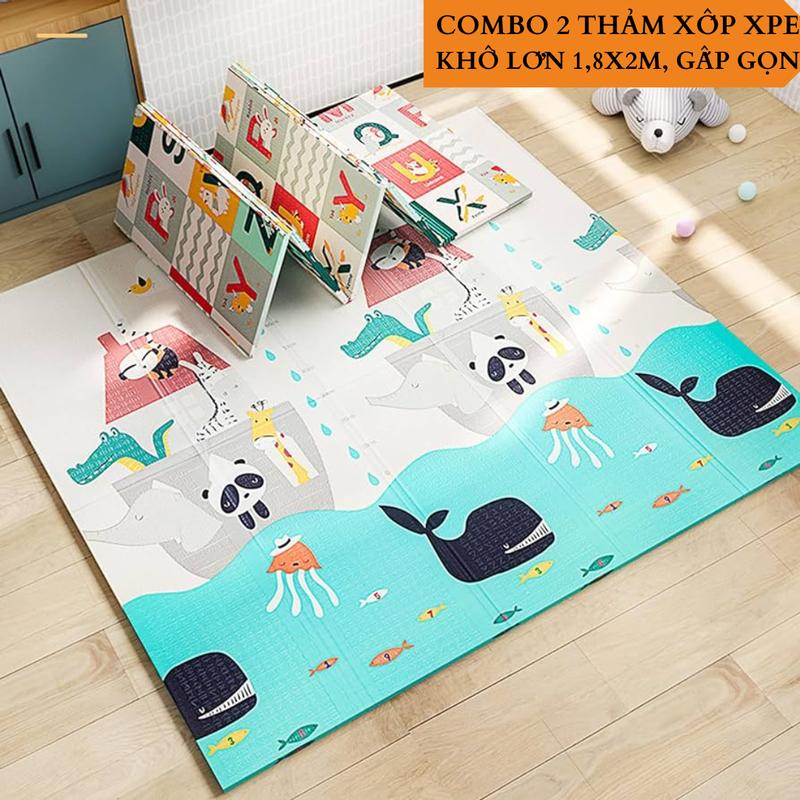 COMBO 2 Thảm Xốp XPE phủ silicon gấp gọn 2 mặt cao cấp kèm túi đựng sang trọng ( Chiếu xốp trẻ em )