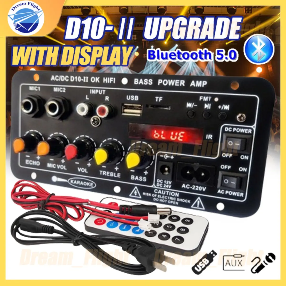 D10-Ⅱ With Display 8-12 Inch Speaker 220V 12V 24V Digital Bluetooth Stereo Amplifier Board Subwoofer Microphone Audio