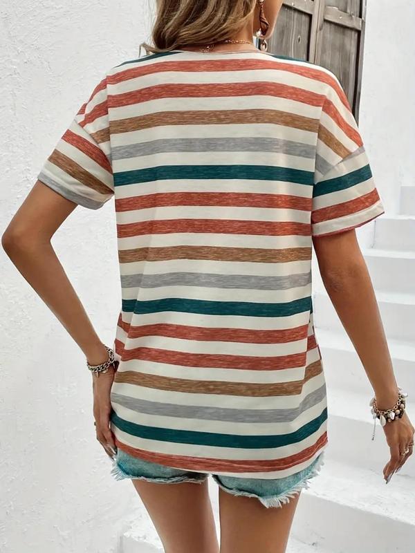 Women's Striped Print Drop Shoulder Tee, Summer Clothes, Casual Short Sleeve V Neck T-Shirt for Summer, Ladies Top for Daily Wear 1