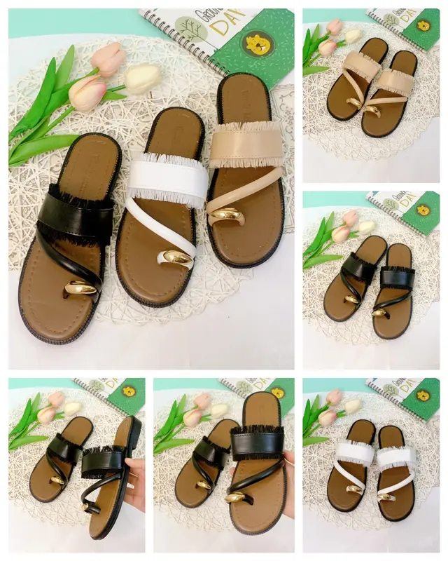 Dép nữ xỏ ngón đính khuy quai ngang tua rua thời trang Nhung DéP Shoes Jean Đế Bằng 6
