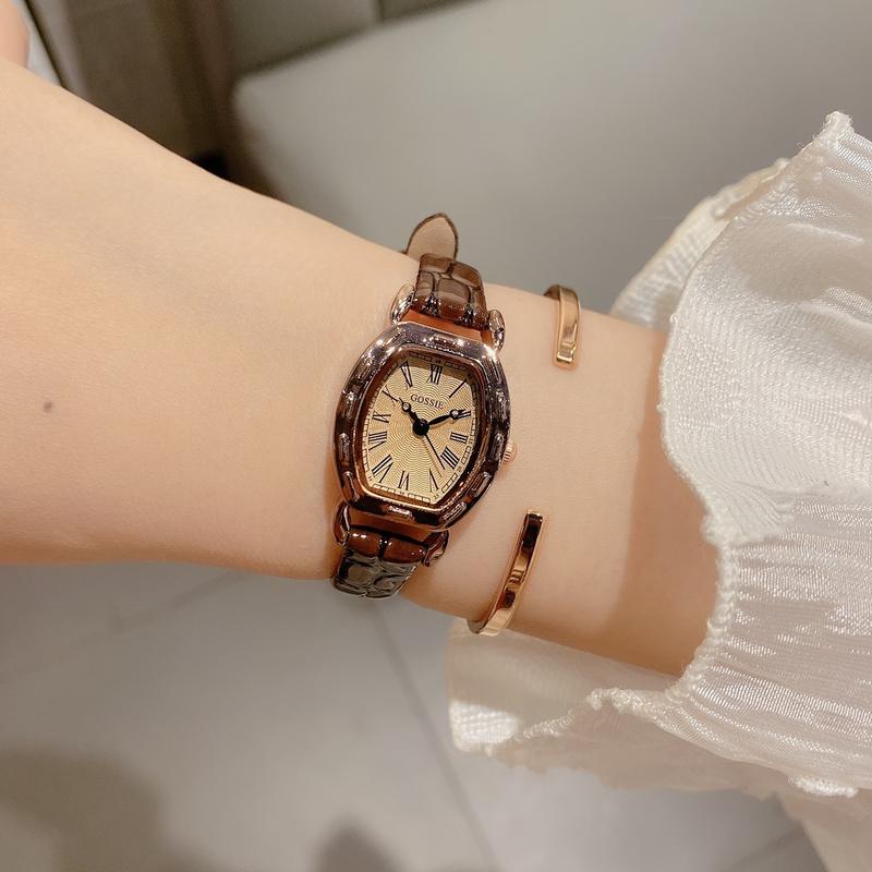 Đồng Hồ Nữ Gossie Mặt Bầu Dây Da Vân Cao Cấp Kết Hợp Vỏ Mạ Tĩnh Full Nâu Cafe Women Đeo Tay Watch khóa 22mm