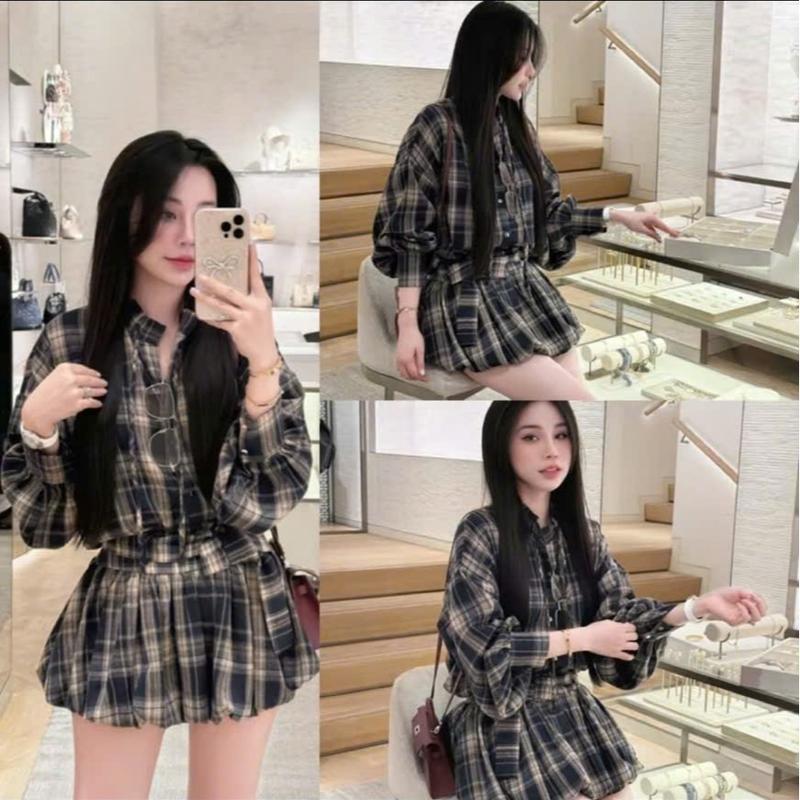 Set bộ đồ áo SƠ MI KẺ TAY DÀI MIX CHÂN VÁY BÍ có quần bảo hộ - Hân Linh shop