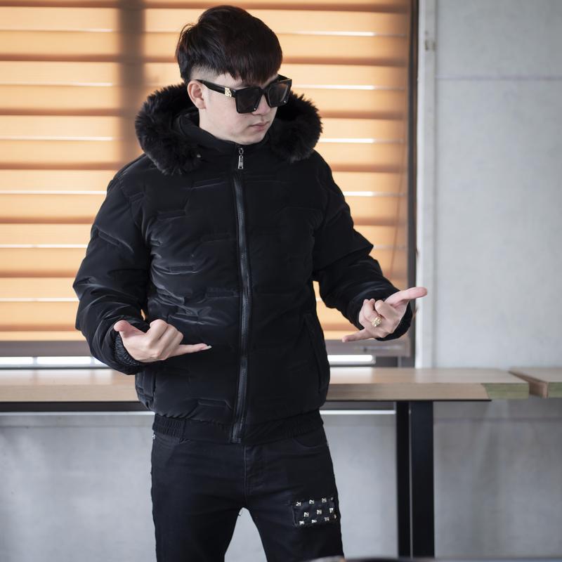Áo Phao Nam Đen Nhám Mũ Lông Tháo Rời Menswear Có Túi Jacket