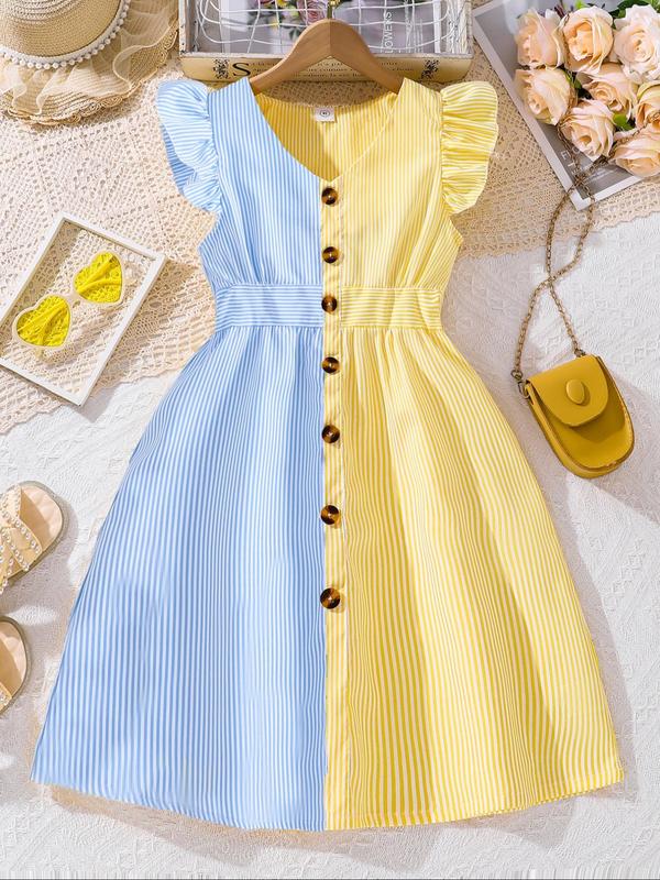 Girl's Striped Print Button Decor Ruffle Trim Dress, Casual Short Sleeve Collar Dress for Summer, Kids Clothes for Daily Wear 2