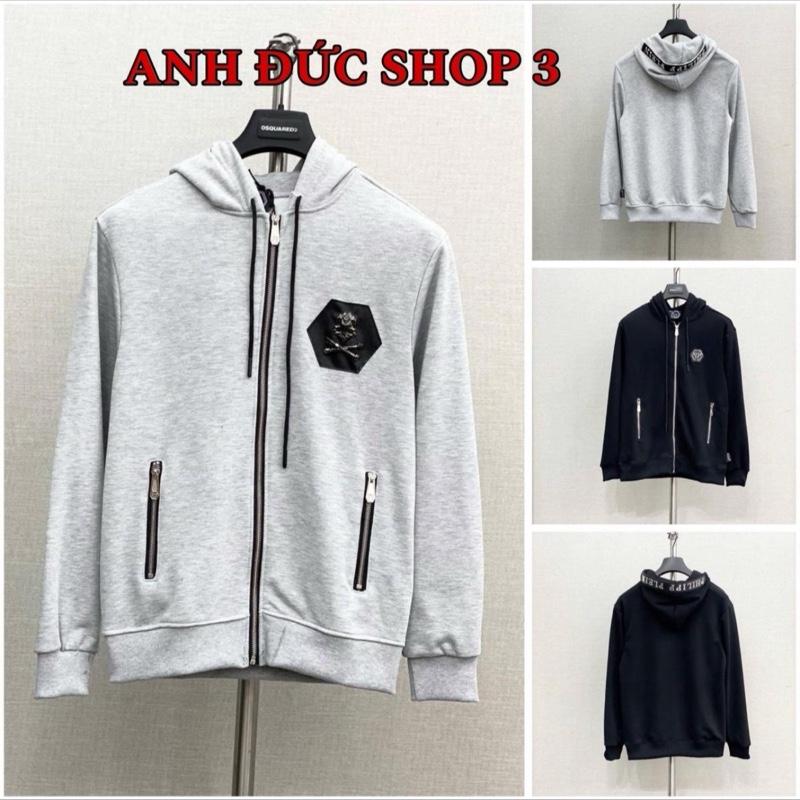 Áo Khoác Hoodie Zip Philiip Plenin Màu Xám Xước Logo Đính Khuy Sắt - Đính Chữ Titan Chất Nỉ Chân Cua Hàng Q.C