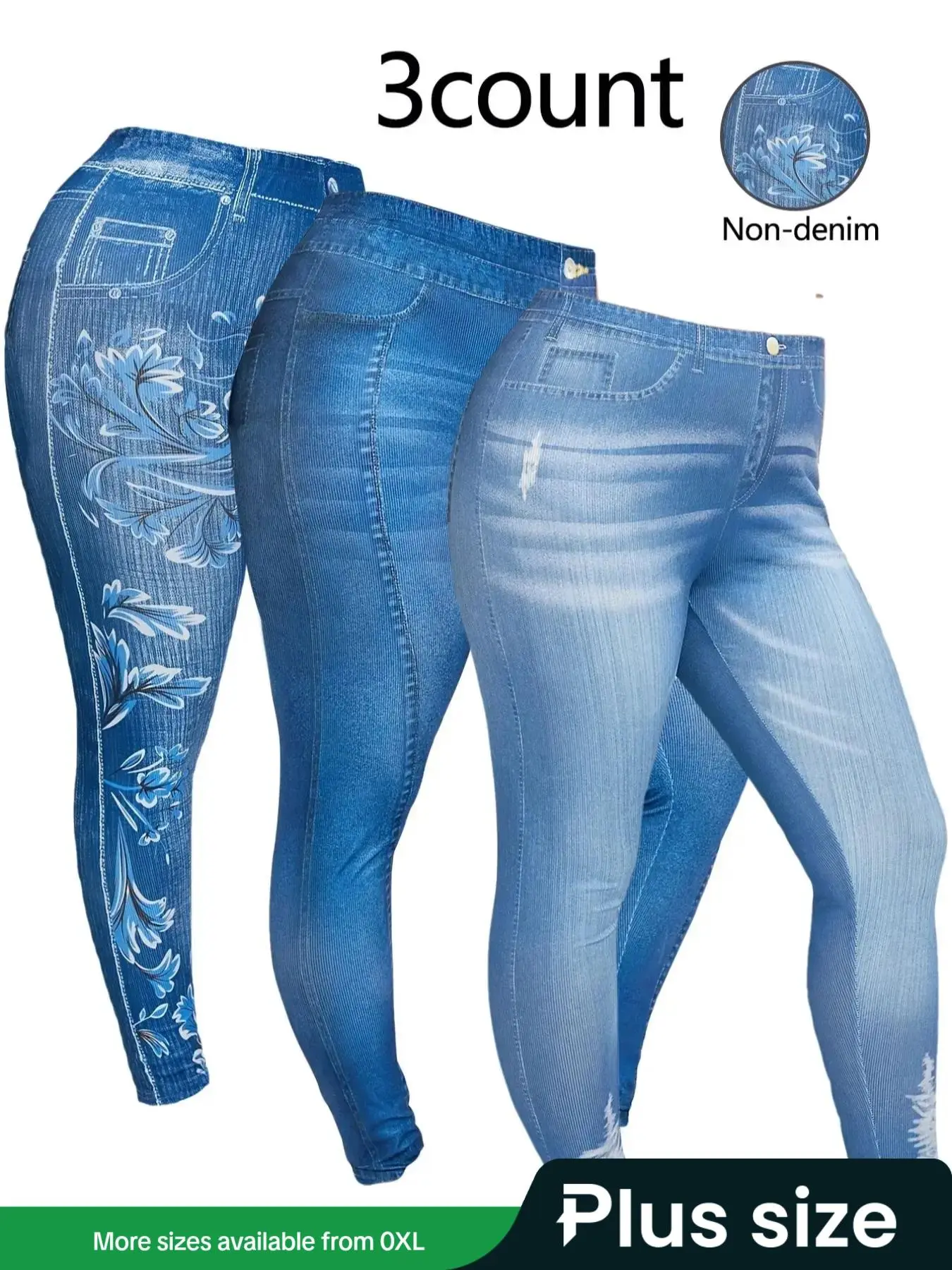 【Plus Size】 Denim-effect Print Skinny Leggings, Casual Comfy Stretchy Leggings for Daily Wear, Women's Bottoms for All Seasons