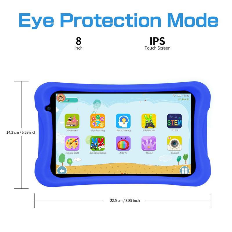 Portable 8 Inch HD Learning Tablet, Touch Control Tablet, Android System Tablet with Silicone Protective Case, Eye Care Tablet, Stocking Fillers Gift 1
