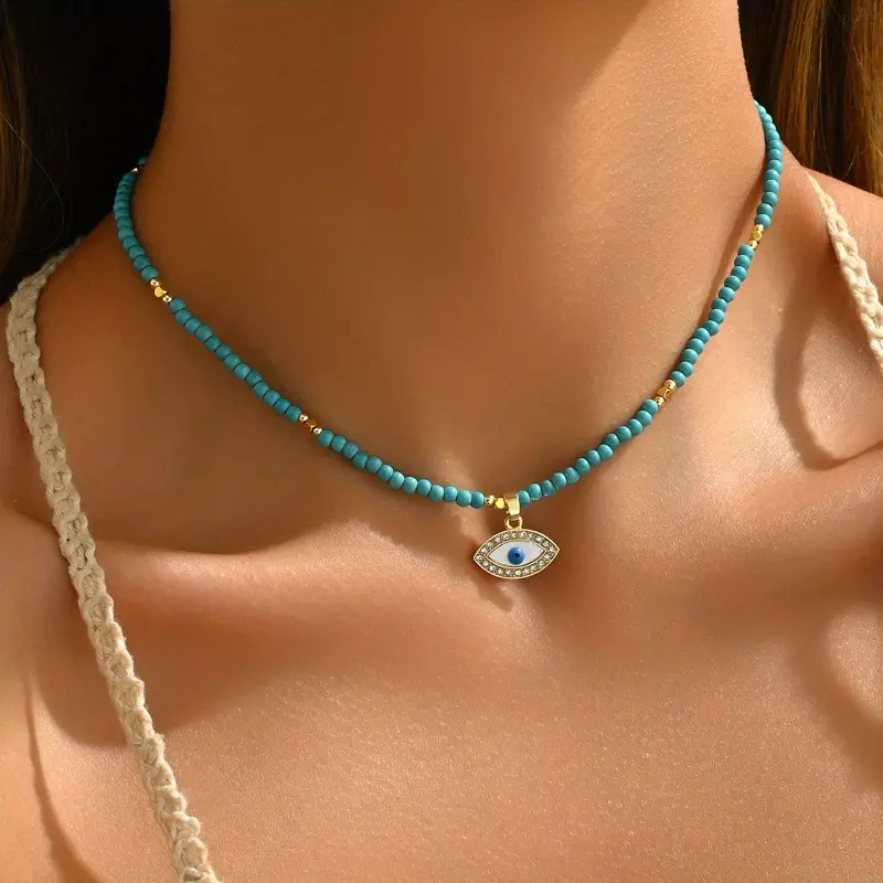 top-selling Vintage-Inspired Evil Eye Pendant Necklace with Rhinestone Inlay and Glass Beads, Clavicle Chain for Women - Ideal for Daily Wear and Gifting, Retro Style, Simple Style Style 1