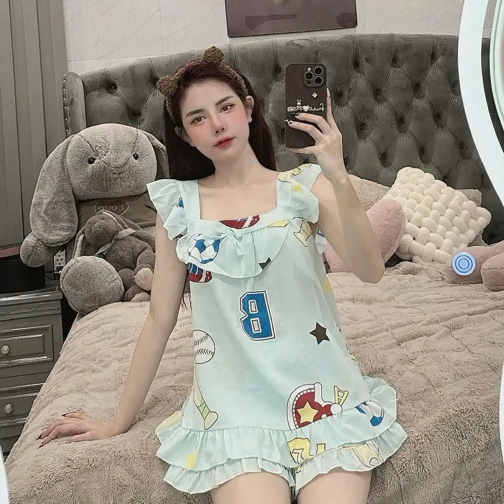Bộ mặc nhà mát mẻ trẻ trung , màu sắc tươi sáng sét  bộ, đồ ngủ, đồ mát, Áo sát nách, Nữ, áo sát nách quần đùi Women đồ  ngủ mango Kem Voan