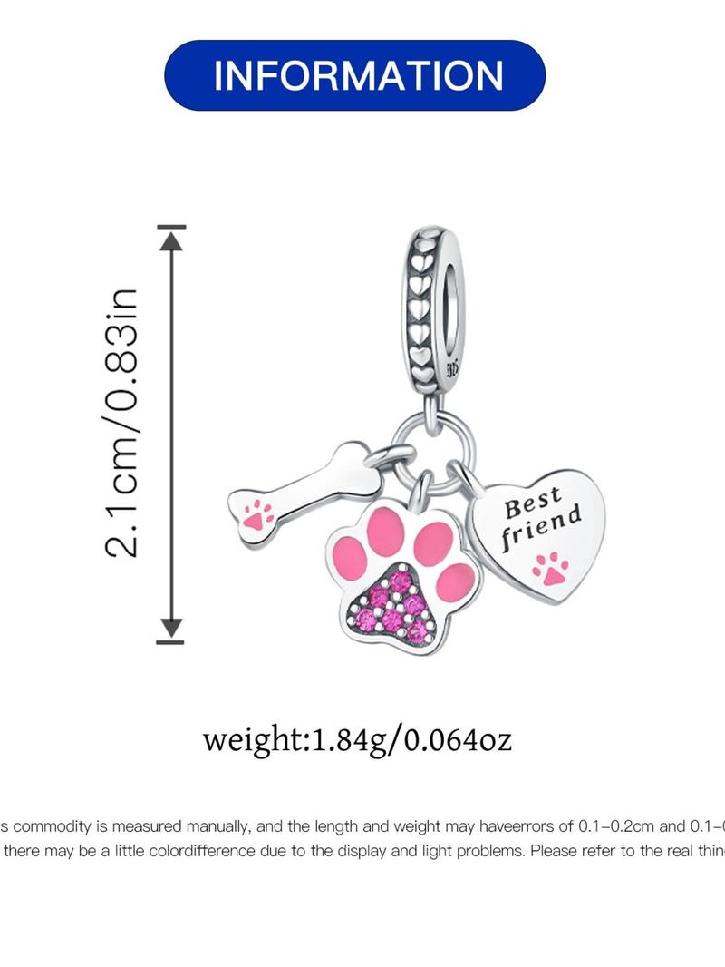 Product Introduction of 925 Sterling Silver Cute Paw Design Heart Charm, Paw Design Heart Charm for DIY Bracelet & Necklace, Fashion Jewelry Accessories for Women & Girls 1