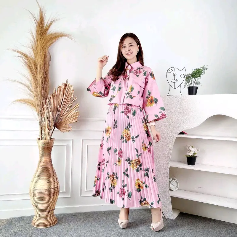 one set Wanita nature Korean vintage kemeja  crop &rok midi plisket Katun Motif Setelan 1