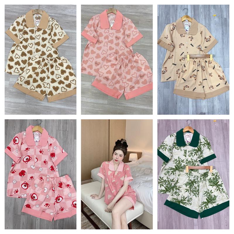 Bộ ngủ Pijama quần đùi áo cộc cổ sen lụa mango Nhung
