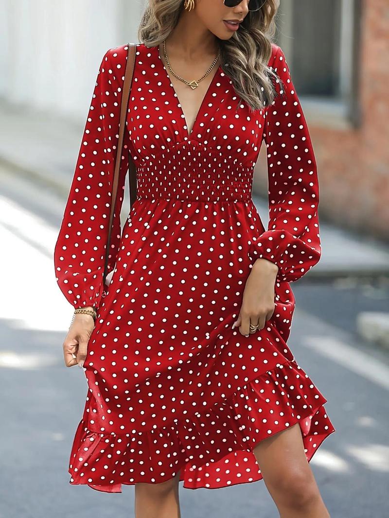 Product Introduction of Women's Polka Dot Print Ruffle Hem A Line Dress, Casual V Neck Bishop Sleeve Knee Length Dress for Summer, Fashion Women's Dresses for Daily Wear 1