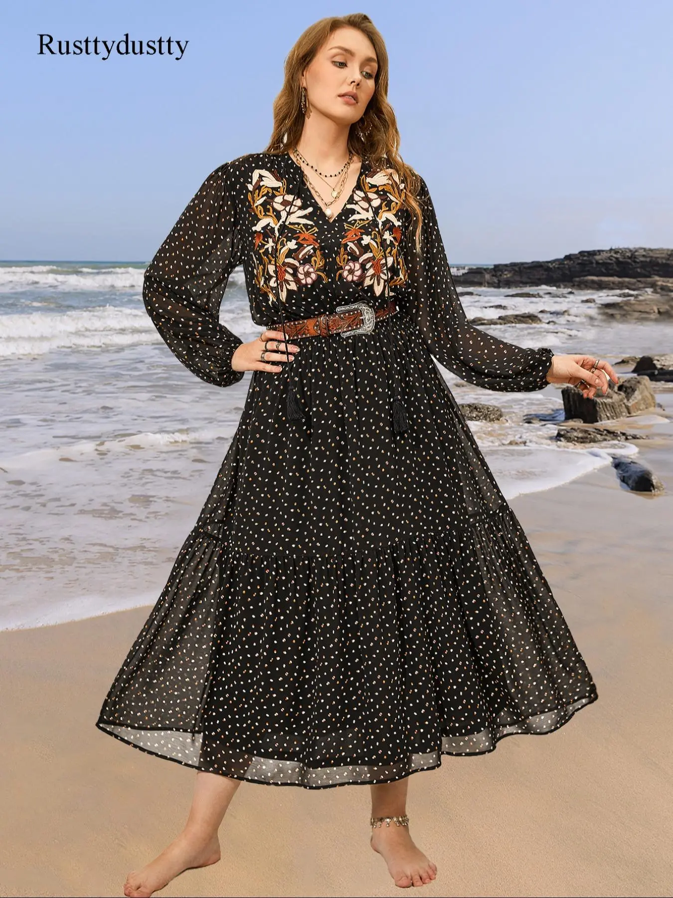 【Plus Size】 Floral Embroidery Tassel Ruffle Hem Dress, Boho All Over Print Notched Neck Long Sleeve A Line Dress, Dresses for Women, Holiday Dresses, Summer Outfits 2024, Ladies Dresses, Women's Clothes, Dresses for Women, Belleza Fits