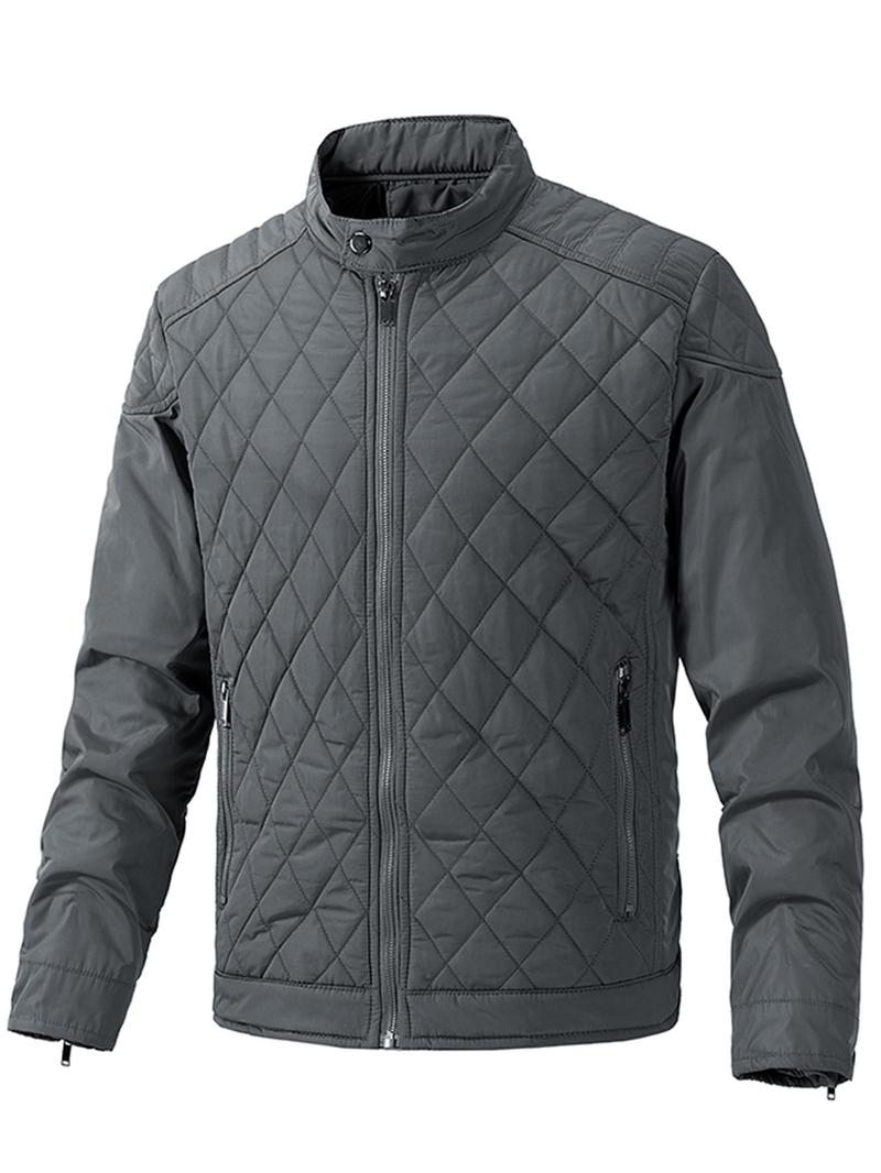Product Introduction of Men's Solid Pocket Zipper Button Quilted Jacket, Regular Fit Casual Long Sleeve Stand Collar Outerwear for Fall & Winter, Men's Clothes for Daily Wear 4