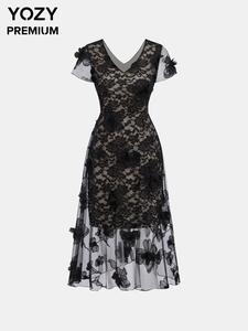 YOZY Women's Floral Lace V Neck Dress, Elegant Short Sleeve Dress for Party Holiday Wedding Guest, Ladies Summer Clothes