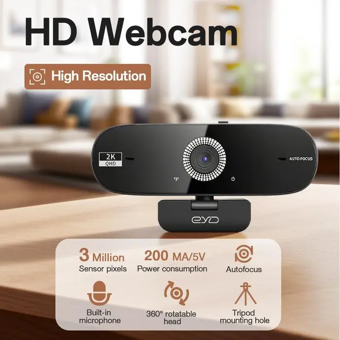 ivory shop EYD 2K Webcam Autofocus Mikrofon internal Tutup Lensa Privasi Rotasi 360 Untuk USB Laptop Komputer PC Camera PC02 Kamera Windows/Linux/Android/MacOS - PC02 2K+Autofocus
