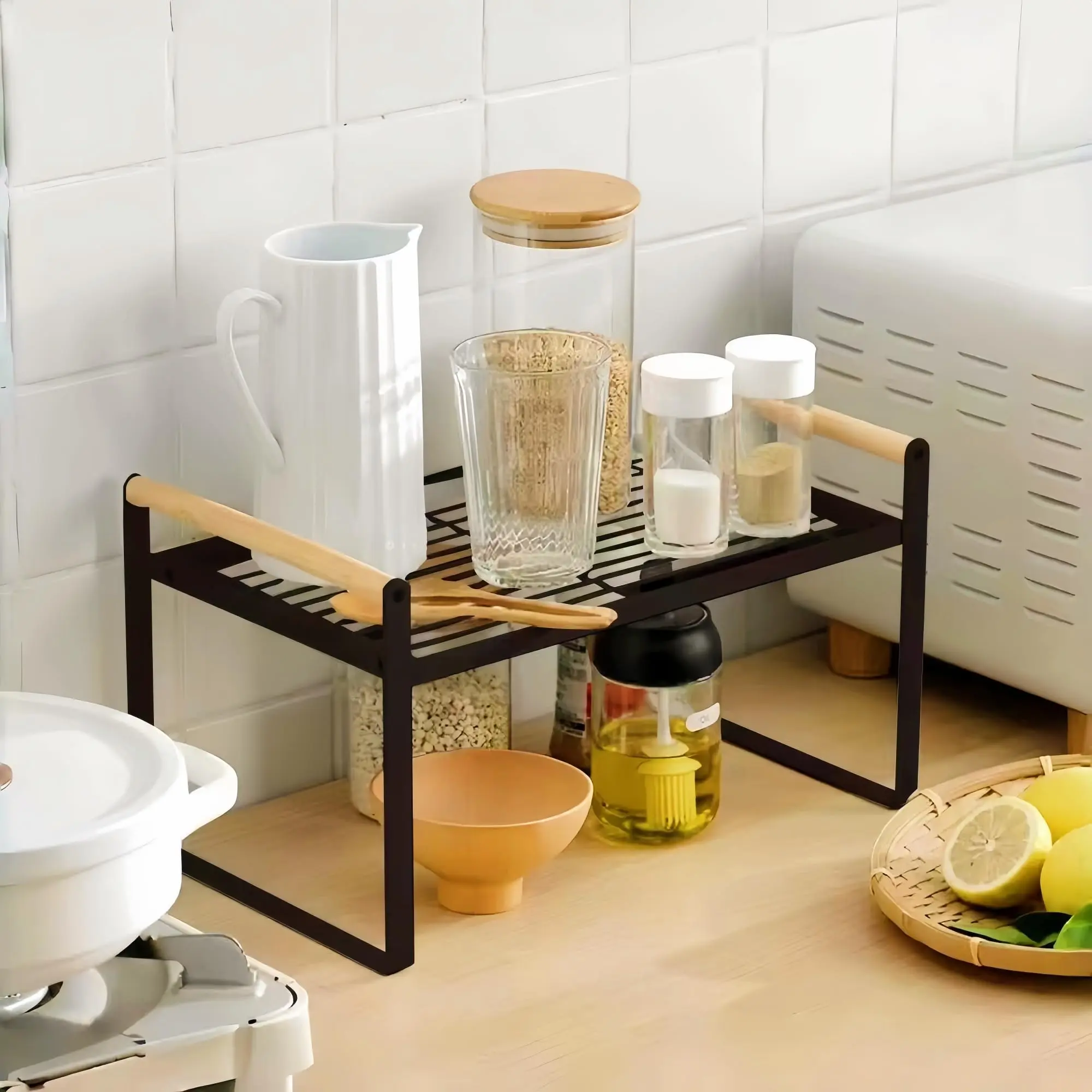 Kitchen Counter Storage Rack, 1 Count Cabinet Organizer Shelf, Iron Wire Layered Shelf, Bowl and Dish Drainer, Spice Rack, Home Organizer