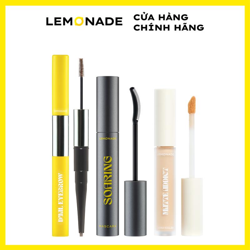 Combo 1 Chì kẻ mày 2 đầu Lemonade Dual Eyebrow 2.75g và 1 Chuốt mi tơi dài lâu trôi Lemonade Soaring Mascara 6ml và 1 Kem che khuyết điểm Lemonade Matte Addict Concealer 3g