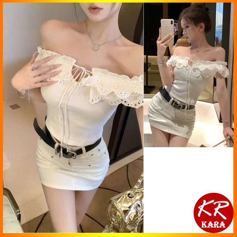 Áo Trễ Vai Len Tăm Phối Ren Có Nơ Xinh Xắn, Áo Trễ Vai Ôm Body KARA 536