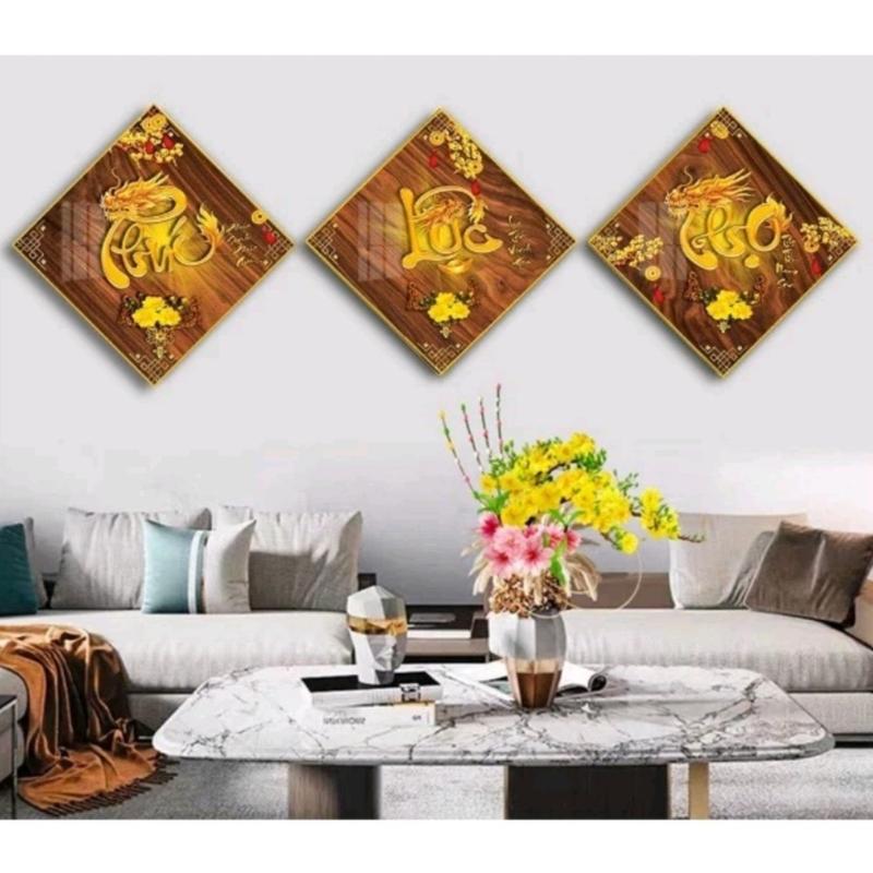 Bộ 3 tranh phúc Lộc Thọ Tráng gương UV mực pigment Ecosolvent Mika cao cấp