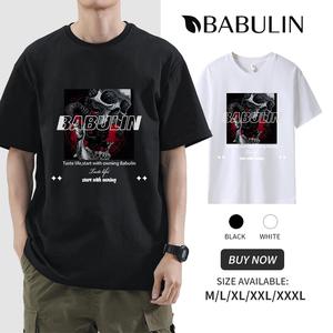 BABULIN Pure cotton men's printed Oversized T-shirtBlack red skull pattern Printed T-shirt