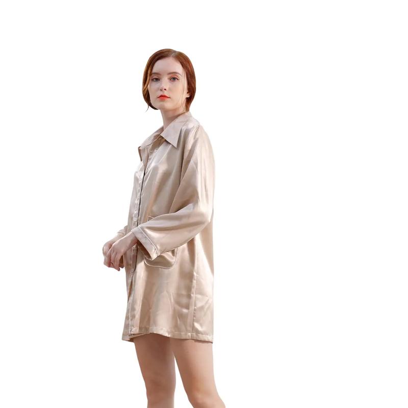 Đầm ngủ sơ mi lụa cao cấp WANNABE váy ngủ kiểu dáng pijama rộng rãi thoải mái tay dài viền gân nổi có túi tiện lợi Nữ Women Dress Đỏ Tay Loe DNS44 Tay Loe 7
