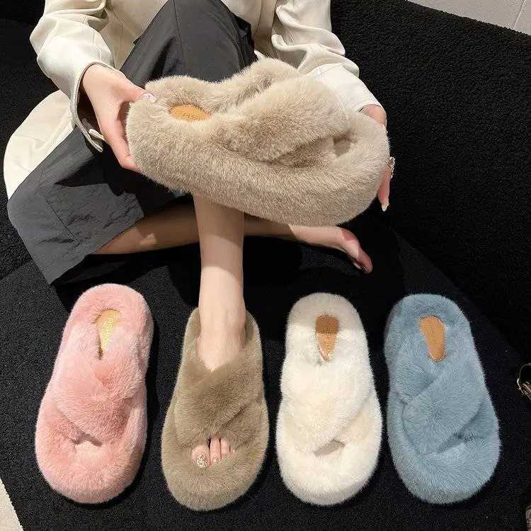 Dép Lông Mịn Tăng Chiều Cao 7Cm Đế Dày Dép Bông Mới Mùa Đông Dễ Phối Đồ Chống Trượt Lót Lông Cừu Ngoài Trời Cho Nữ Giày