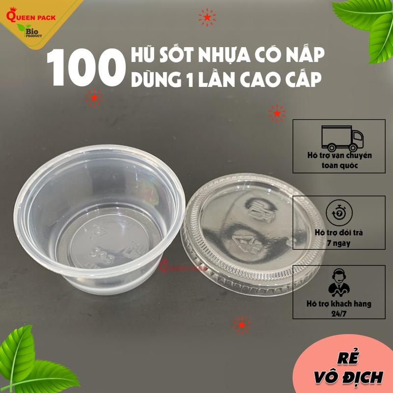 SET 100 hộp (hũ) chén đựng sốt, caramen, nước chấm , nước tương , gia vị(60ml) bằng nhựa có nắp dùng 1 lần cao cấp