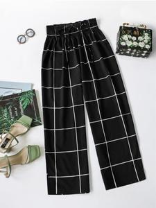 【Plus Size】 Plaid Print Drawstring Waist Wide Leg Pants, Casual Shirred High Waist Trousers for Women, Women's Bottoms for Fall & Winter